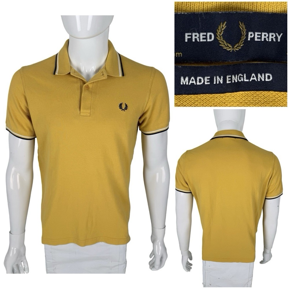 Fred Perry Mens 40" Medium Polo Shirt Made In England Cotton Yellow Embroidered